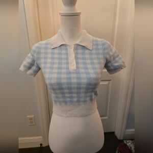 RSQ Light Blue and White Checkered Crop Top